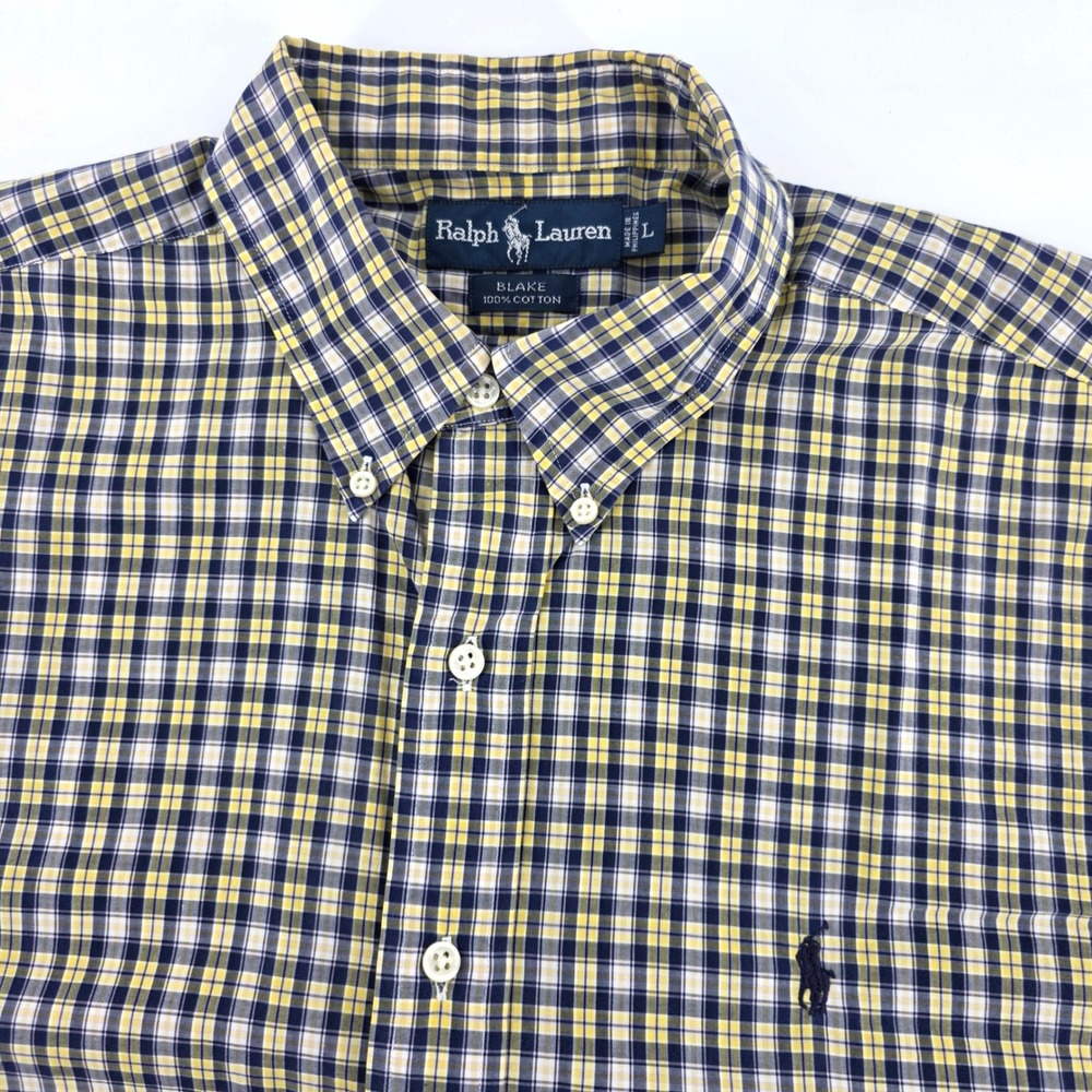 Ralph Lauren Blake Mens Large Yellow Navy Blue Plaid Short Sleeve Button Down